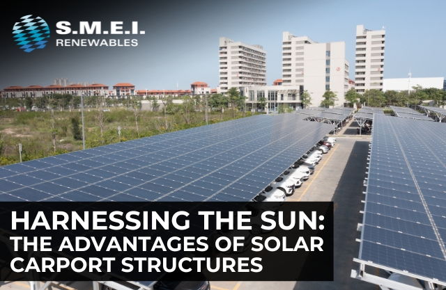 Aerial view of commercial parking lot with solar carport structures and solar panels.