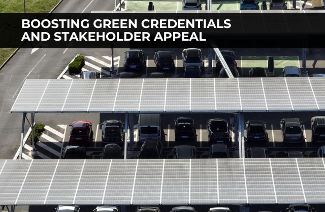 View of a modern solar carport installation over a busy commercial parking lot, showcasing how businesses can enhance sustainability visibility and stakeholder confidence through on-site renewable energy solutions.