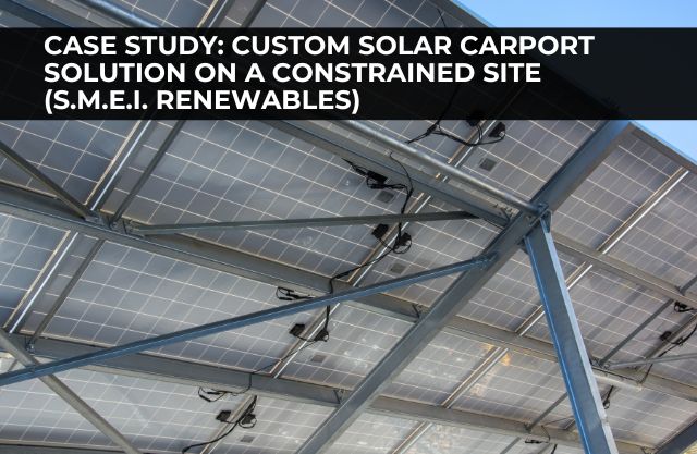 Close-up view from beneath a custom-engineered solar carport structure, highlighting steel framework and mounted photovoltaic panels designed for a space-constrained commercial site.