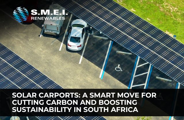 A modern solar carport, featuring sleek metal structures with solar panels installed above parked vehicles. The image captures clean energy generation in action, showcasing how businesses are turning parking areas into sustainable power hubs while reducing carbon emissions.