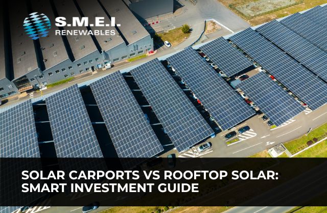 Aerial view of a large commercial parking area covered with solar carports, positioned beside industrial buildings. The image illustrates the comparison between solar carports and rooftop solar for business energy solutions.