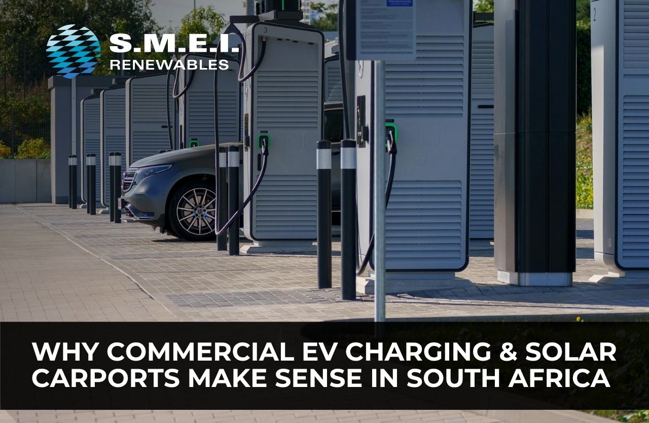 Electric vehicles charging beneath a solar canopy on a commercial parking lot