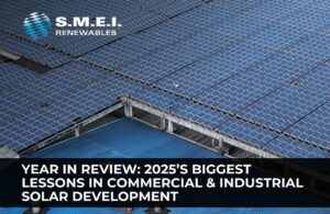 High-efficiency solar panel installation on a commercial rooftop, illustrating system efficiency improvements and performance gains highlighted in the 2025 solar industry review.