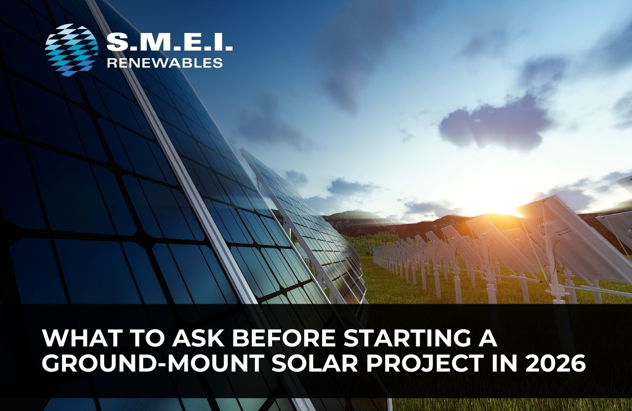 Ground-mount solar panels aligned in rows, representing planning considerations for starting a commercial solar project in 2026.