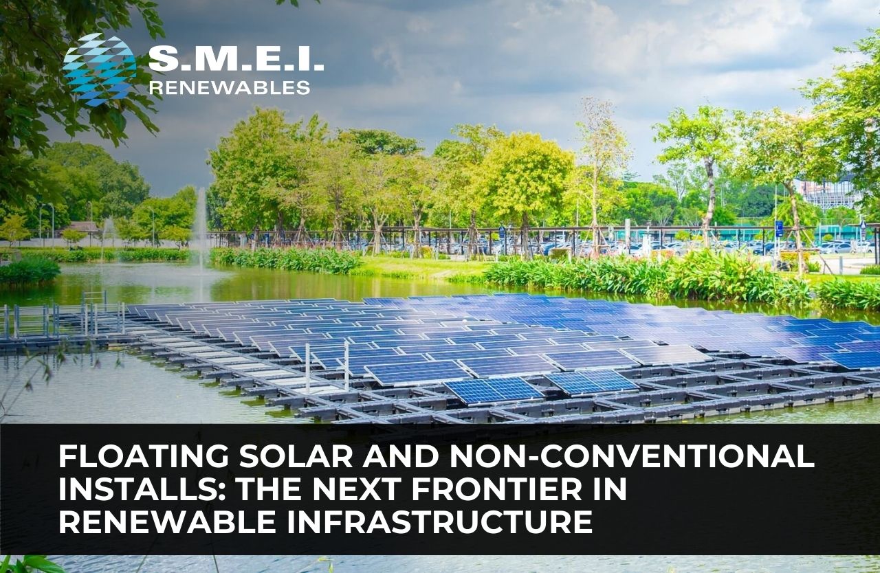 Floating solar photovoltaic (FPV) installation on an engineered water reservoir, representing floating solar South Africa and the rise of non-conventional, engineered renewable energy infrastructure for commercial and industrial applications.
