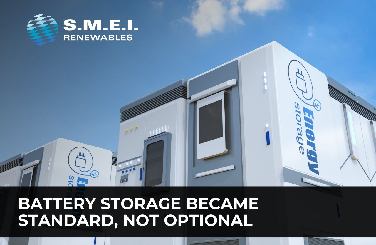 Commercial battery energy storage systems integrated with solar installations, showing how energy storage became standard infrastructure for commercial and industrial solar projects in 2025.