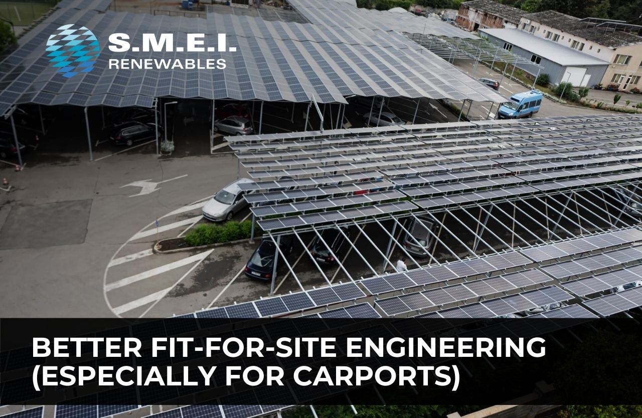 Engineered solar carport structure adapted to site-specific constraints including traffic flow, column spacing and underground services.