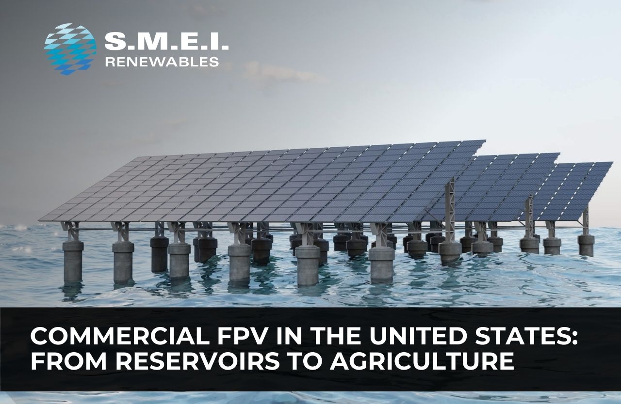 Commercial floating solar PV (FPV) installation on a man-made reservoir, illustrating renewable energy generation on water infrastructure.