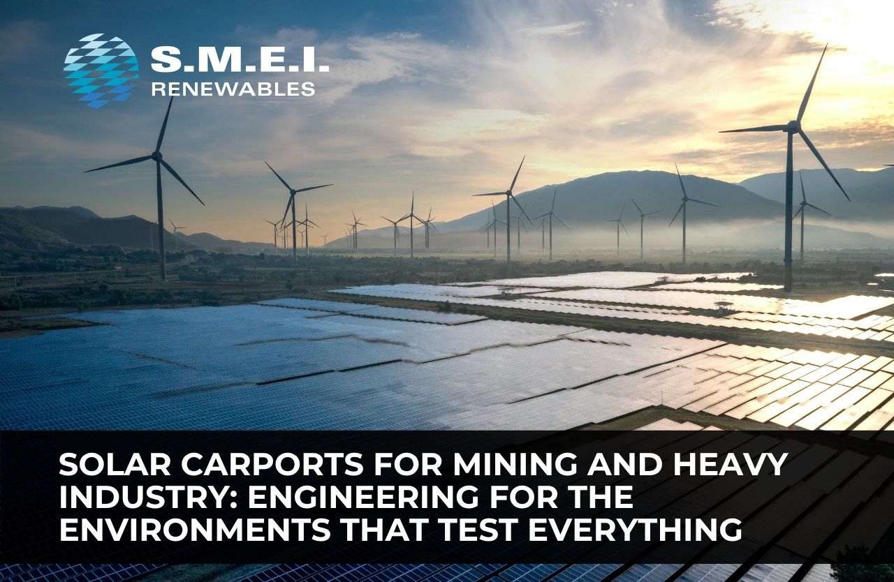 Solar carport structure providing covered parking at an industrial mining site